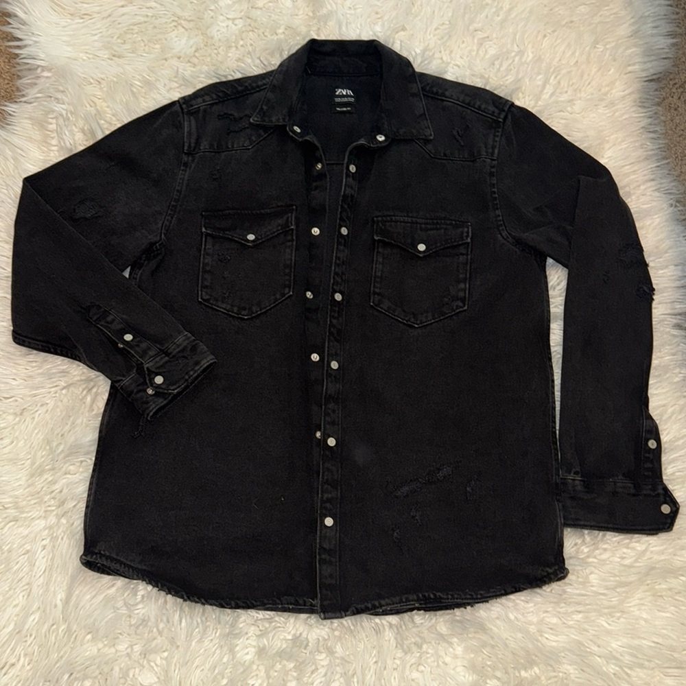 Zara Men's Distressed Denim Button Up Jacket